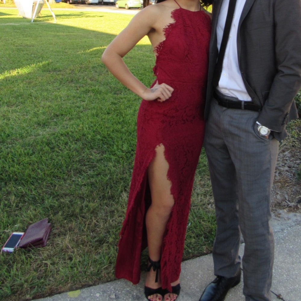 Fame and Partners- Lace Halter Slit Gown